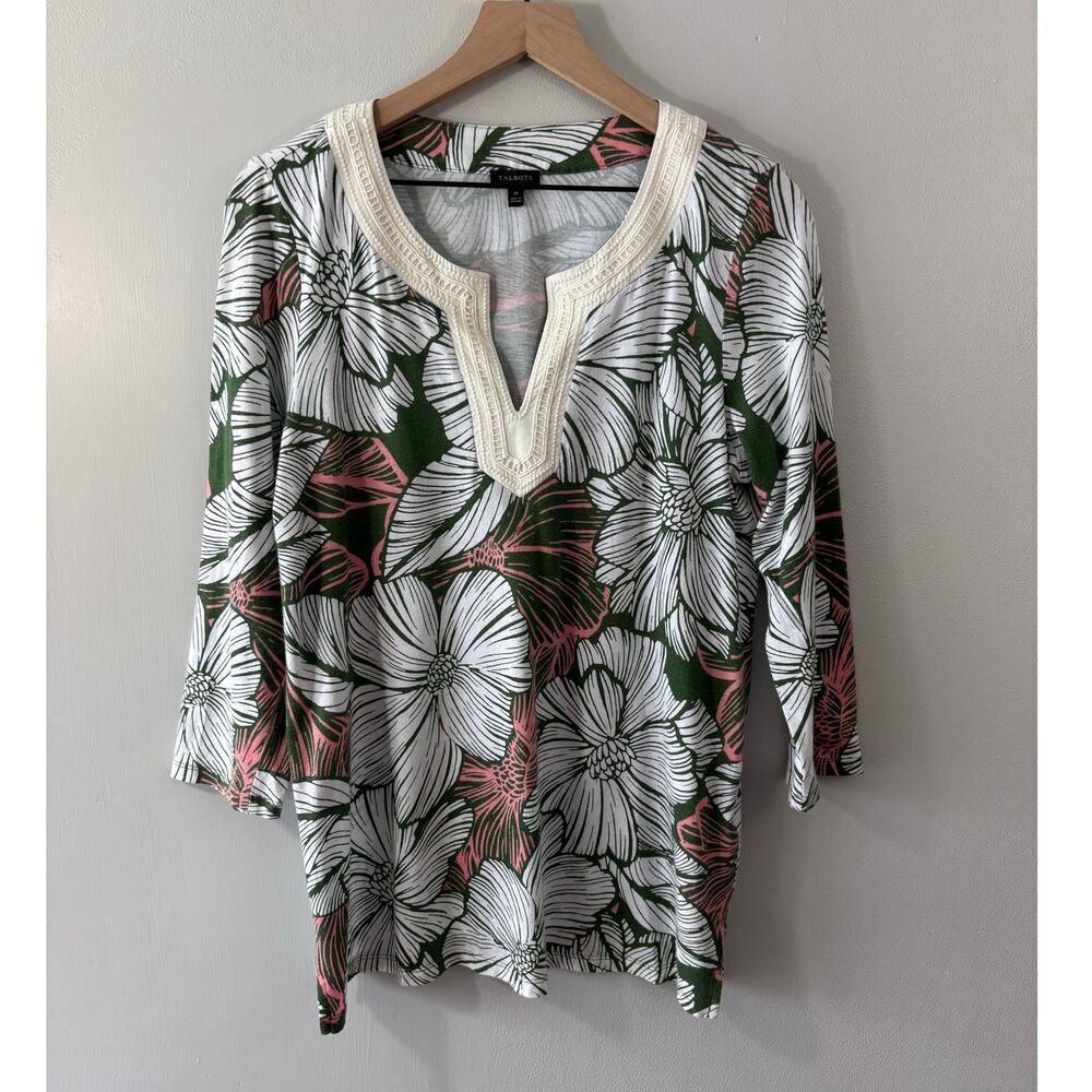 Talbots Tropical Floral Tunic Embroidered Split Neck Resort Beach Size M